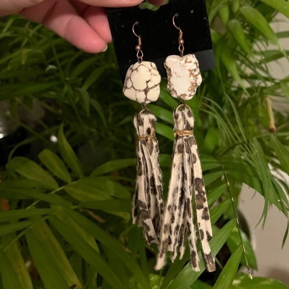 Animal Print Cream and Brown Tassel Earrings
